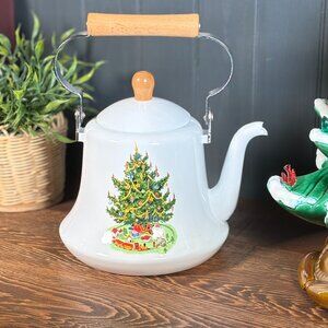 Vintage White Enamel Teapot with Christmas Tree for Holiday Kitchen Decor